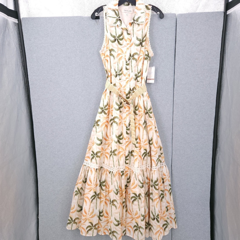 Taylor Printed Taffeta Belt Sleeveless Tropic Fit & Flare Dress Womens Size 12 - Picture 3 of 12